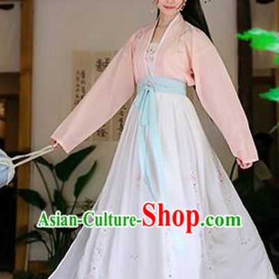 Traditional Chinese Ancient Princess Hanfu Costumes, Asian China Song Dynasty Palace Lady Embroidery Pink Blouse and White Skirts for Women