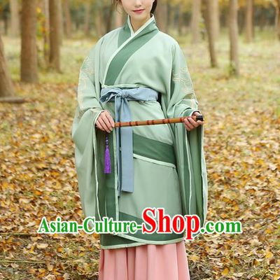 Traditional Chinese Ancient Young Lady Hanfu Costumes Green Curve Bottom, Asian China Han Dynasty Palace Princess Embroidery Clothing for Women