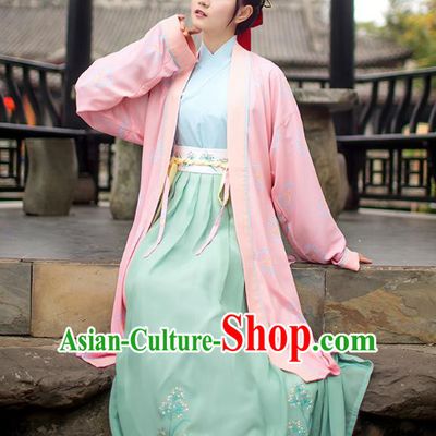 Traditional Chinese Ancient Young Lady Hanfu Costumes, Asian China Song Dynasty Palace Princess Pink BeiZi Blouse and Skirts Complete Set for Women