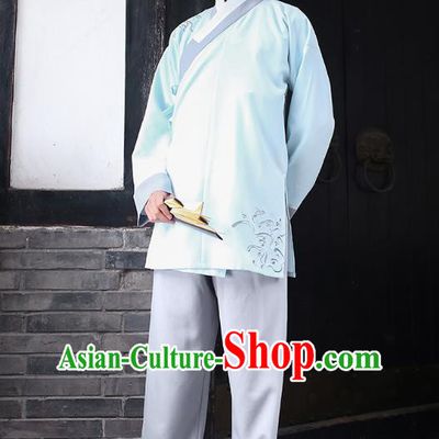 Traditional Chinese Ancient Hanfu Costumes, Asian China Embroidery Blue Blouse and Pants for Men