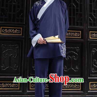 Traditional Chinese Ancient Hanfu Costumes, Asian China Embroidery Navy Blouse and Pants for Men