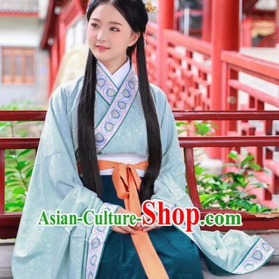 Traditional Chinese Ancient Hanfu Young Lady Costumes, Asian China Han Dynasty Princess Embroidery Green Dress Clothing for Women