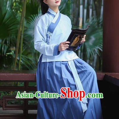 Traditional Chinese Ancient Hanfu Young Lady Costumes, Asian China Han Dynasty Princess Blue Blouse and Skirts for Women