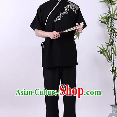 Traditional Chinese Ancient Hanfu Costumes, Asian China Han Dynasty Embroidered Black Shirt for Men