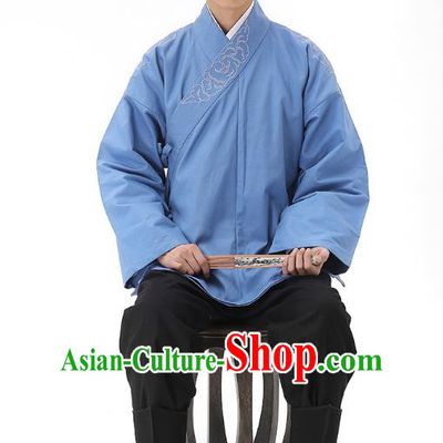 Traditional Chinese Ancient Hanfu Costumes, Asian China Han Dynasty Embroidered Blue Shirt Upper Outer Garment for Men