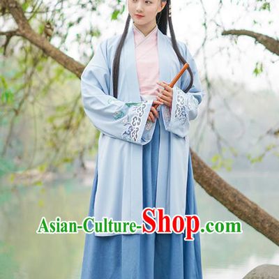 Traditional Chinese Ancient Young Lady Hanfu Costume, Asian China Song Dynasty Princess Embroidered Long BeiZi Blue Cardigan for Women