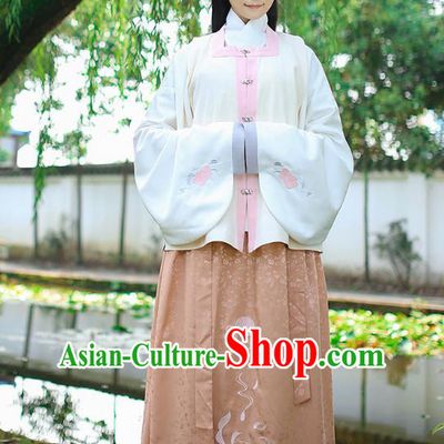 Traditional Chinese Ancient Royal Princess Hanfu Costume, Asian China Ming Dynasty Palace Lady Embroidered White Vest Blouse and Skirts for Women