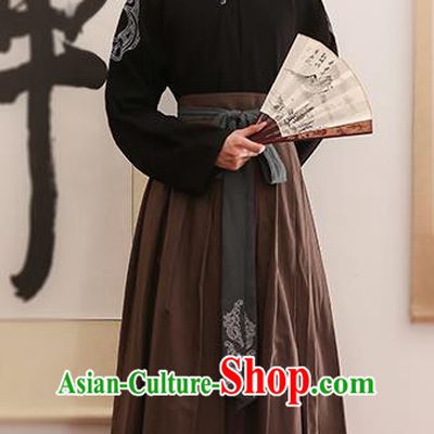 Traditional Chinese Ancient Hanfu Swordsman Costume, Asian China Ming Dynasty Imperial Bodyguard Embroidered Black Blouse and Skirt for Men
