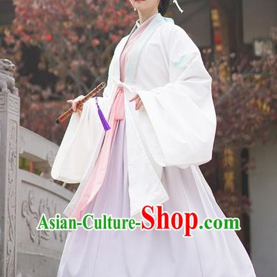 Traditional Chinese Ancient Hanfu Princess Costume, Asian China Han Dynasty Palace Lady Embroidered Crane White Cloak for Women