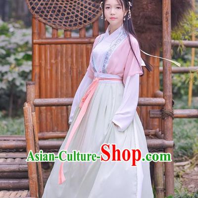 Traditional Chinese Ancient Hanfu Princess Costume, Asian China Song Dynasty Palace Lady Embroidered Pink Blouse and Slip Skirt for Women