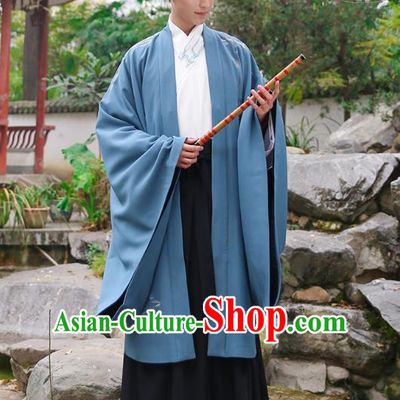 Traditional Chinese Ancient Hanfu Swordsman Costume, Asian China Han Dynasty Imperial Bodyguard Embroidered Blue Cloak for Men