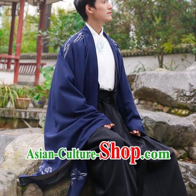 Traditional Chinese Ancient Hanfu Swordsman Costume, Asian China Han Dynasty Imperial Bodyguard Embroidered Royalblue Cloak for Men