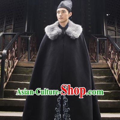 Traditional Chinese Ancient Hanfu Swordsman Costume Hooded Mantle, Asian China Han Dynasty Imperial Bodyguard Embroidered Black Cloak for Men