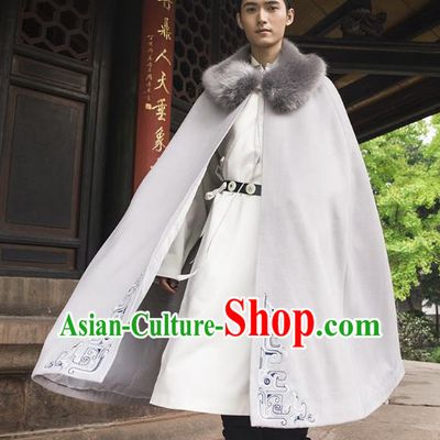 Traditional Chinese Ancient Hanfu Swordsman Costume Hooded Mantle, Asian China Han Dynasty Imperial Bodyguard Embroidered Grey Cloak for Men