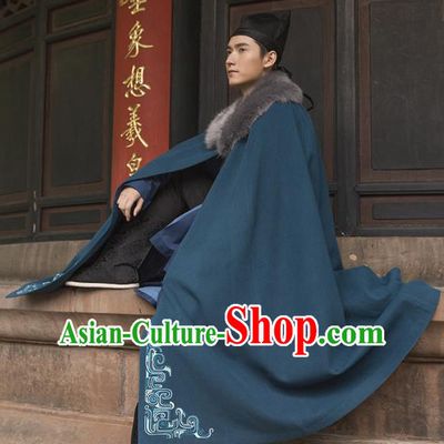 Traditional Chinese Ancient Hanfu Swordsman Costume Hooded Mantle, Asian China Han Dynasty Imperial Bodyguard Embroidered Peacock Blue Cloak for Men