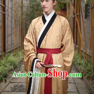Traditional Chinese Ancient Hanfu Swordsman Costume, Asian China Han Dynasty Imperial Bodyguard Embroidered Yellow Long Robe for Men