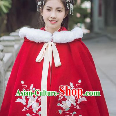 Traditional Chinese Ancient Hanfu Princess Costume Red Cloak, Asian China Han Dynasty Palace Lady Embroidered Mantle for Women