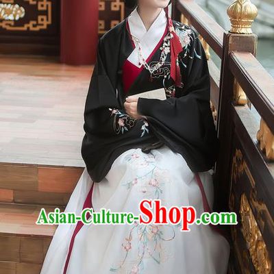 Traditional Chinese Ancient Hanfu Costume Palace Lady Clothing, Asian China Ming Dynasty Embroidered Black Blouse and Skirts for Women