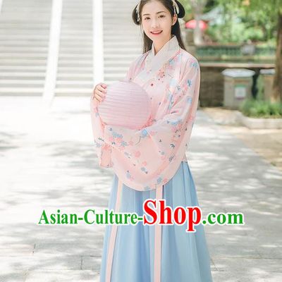 Traditional Chinese Ancient Hanfu Costume Palace Lady Clothing, Asian China Ming Dynasty Embroidered Pink Blouse and Blue Skirts for Women