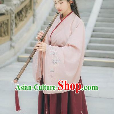 Traditional Chinese Ancient Hanfu Costume Palace Lady Clothing, Asian China Ming Dynasty Embroidered Pink Blouse for Women