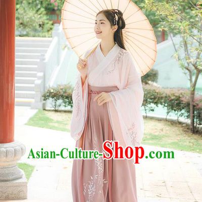 Traditional Chinese Ancient Hanfu Costume Palace Lady Clothing, Asian China Jin Dynasty Embroidered Pink Blouse and Pink Skirts for Women