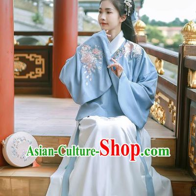 Traditional Chinese Ancient Hanfu Costume Palace Lady Clothing, Asian China Jin Dynasty Embroidered Blue Blouse and White Skirts for Women