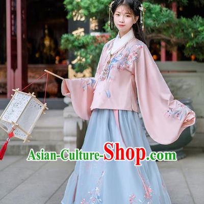 Traditional Chinese Ancient Hanfu Costume Palace Lady Dress, Asian China Ming Dynasty Embroidered Pink Clothing for Women