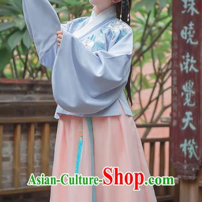 Traditional Chinese Ancient Hanfu Costume Palace Lady Dress, Asian China Ming Dynasty Embroidered Blue Blouse and Skirt Clothing for Women
