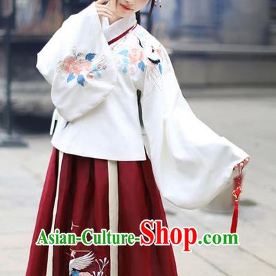 Traditional Chinese Ancient Hanfu Costume Palace Lady Dress, Asian China Ming Dynasty Embroidered White Blouse and Red Skirt Clothing for Women