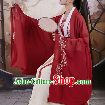 Traditional Chinese Ancient Hanfu Princess Costume Dark Red Embroidered Cloak, Asian China Jin Dynasty Palace Lady Cardigan Clothing for Women