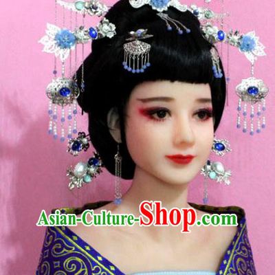 Traditional Handmade Chinese Hair Accessories Bride Wedding Blue Phoenix Coronet Complete Set, Empress Tassel Step Shake Hair Jewellery Hairpins for Women