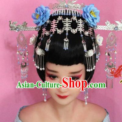 Traditional Handmade Chinese Hair Accessories Palace Lady Blue Flowers Step Shake Complete Set, Royal Empress Hair Jewellery Hairpins for Women