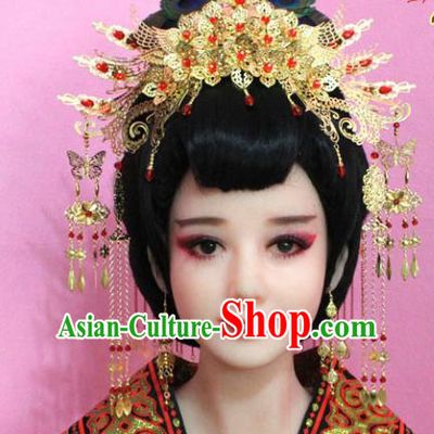 Traditional Handmade Chinese Hair Accessories Palace Lady Tassel Golden Phoenix Coronet Complete Set, Xiuhe Suit Step Shake Hairpins for Women