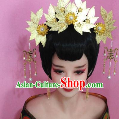 Traditional Handmade Chinese Hair Accessories Palace Lady Golden Lotus Phoenix Coronet Complete Set, Xiuhe Suit Princess Step Shake Hairpins for Women