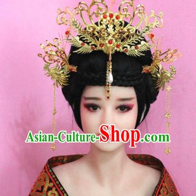 Traditional Handmade Chinese Hair Accessories Palace Lady Empress Phoenix Coronet, Xiuhe Suit Tassel Step Shake Hairpins Complete Set for Women