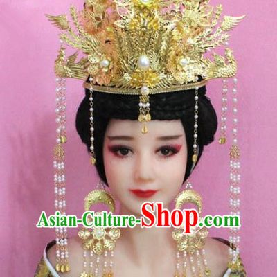 Traditional Handmade Chinese Hair Accessories Palace Lady Empress Golden Phoenix Coronet, Xiuhe Suit Tassel Step Shake Hairpins for Women