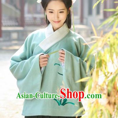 Traditional Chinese Ancient Hanfu Princess Costume Upper Outer Garment, Asian China Ming Dynasty Young Lady Embroidered Orchid Green Blouse for Women