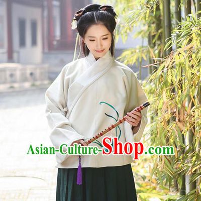 Traditional Chinese Ancient Hanfu Princess Costume Upper Outer Garment, Asian China Ming Dynasty Young Lady Embroidered Orchid White Blouse for Women