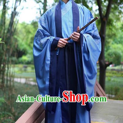 Traditional Chinese Ancient Imperial Bodyguard Costume, Asian China Han Dynasty Swordsman Blue Embroidered Cloak for Men