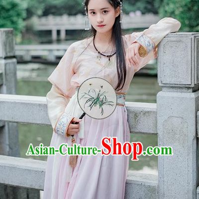 Traditional Chinese Ancient Palace Lady Costume, Asian China Tang Dynasty Royal Princess Embroidered Pink Blouse and Slip Skirts for Women