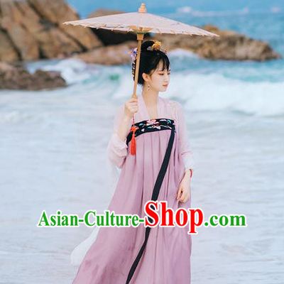 Traditional Chinese Ancient Palace Lady Costume, Asian China Tang Dynasty Princess Embroidered Blouse and Purple Slip Skirts for Women