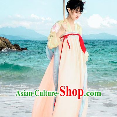 Traditional Chinese Ancient Palace Lady Costume, Asian China Tang Dynasty Princess Embroidered Blouse and Pink Slip Skirts for Women