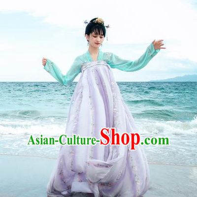 Traditional Chinese Ancient Palace Lady Costume, Asian China Tang Dynasty Princess Embroidered Green Blouse and Lilac Slip Skirts for Women