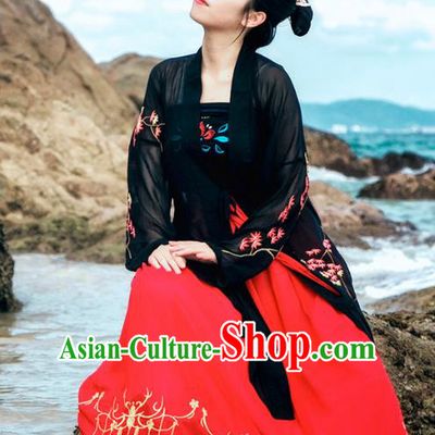 Traditional Chinese Ancient Palace Lady Costume, Asian China Song Dynasty Princess Embroidered Black BeiZi and Slip Skirts for Women