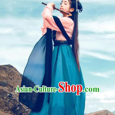 Traditional Chinese Ancient Palace Lady Costume, Asian China Tang Dynasty Princess Embroidered Blouse and Blue Slip Skirt for Women