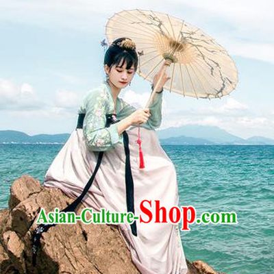 Traditional Chinese Ancient Palace Lady Costume, Asian China Tang Dynasty Princess Embroidered Green Blouse and Pink Slip Skirt for Women
