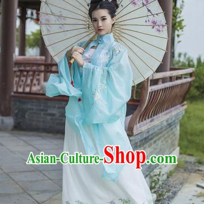 Traditional Chinese Ancient Palace Lady Costume, Asian China Ming Dynasty Princess Embroidered Blue Blouse Cloak for Women