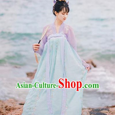 Traditional Chinese Ancient Palace Lady Costume, Asian China Tang Dynasty Princess Embroidered Pink Blouse and Blue Skirts for Women