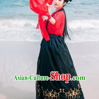 Traditional Chinese Ancient Palace Lady Costume, Asian China Song Dynasty Princess Embroidered Red Blouse and Black Skirts for Women