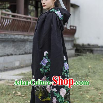 Traditional Chinese Ancient Young Lady Costume Black Cloak, Asian China Ming Dynasty Swordswoman Embroidered Mantle for Women